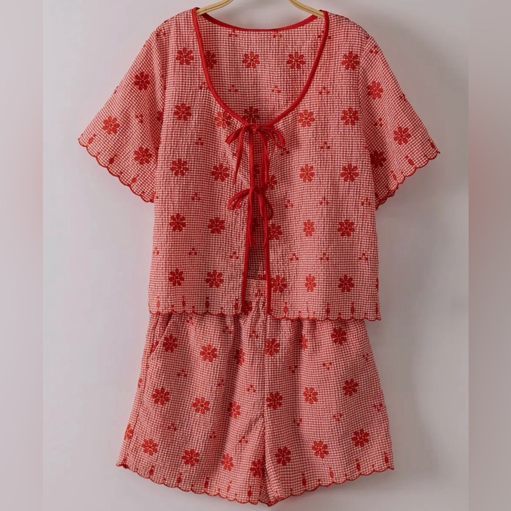 Floral Embroidery Woven Top & Short Set - Red